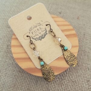 Handmade Brass Filigree Teardrop Earrings with Turquoise Accent